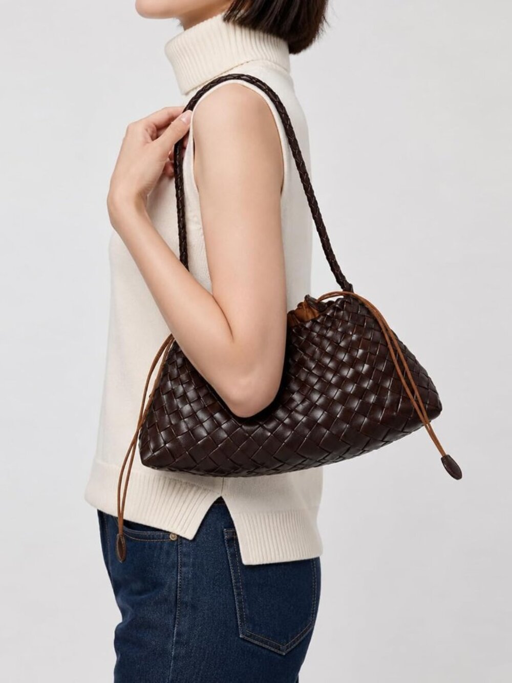 Small Woven Purse for Women Vegan Leather Underarm Shoulder Hobo Handbag | Secur - Picture 2 of 7